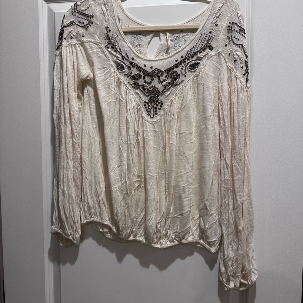Free People Cream Embellished Blouse